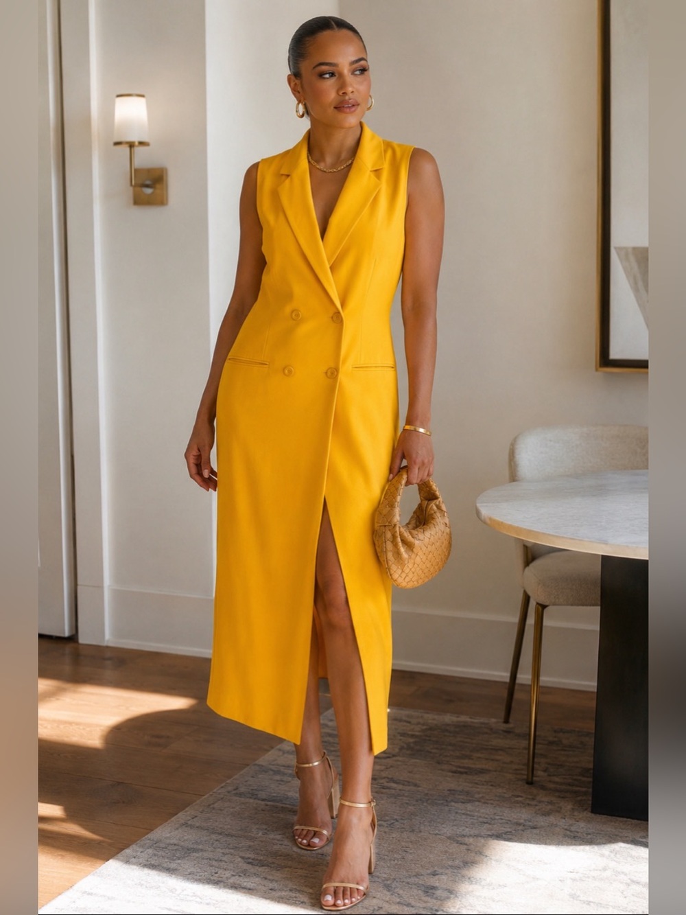 Canary Yellow Double Breasted Vest Dress Sleeveless Blazer Dress